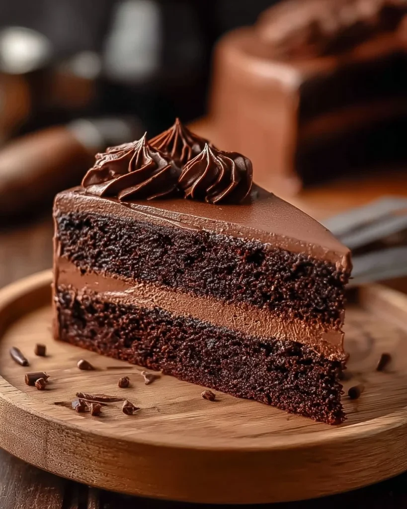 Chocolate cake layered with chocolate mousse, showcasing a rich dessert.