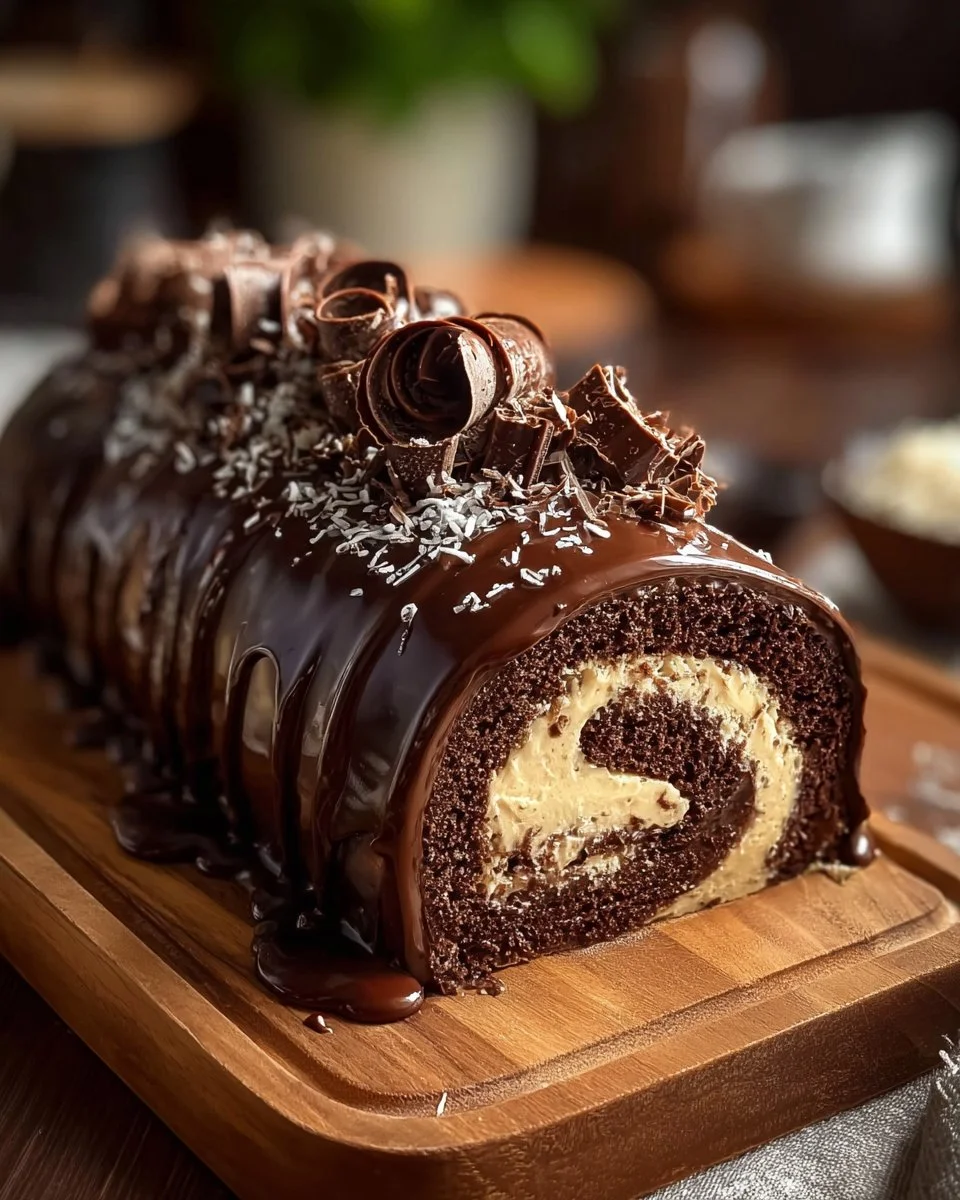 Delicious chocolate cake roll with creamy frosting and chocolate ganache