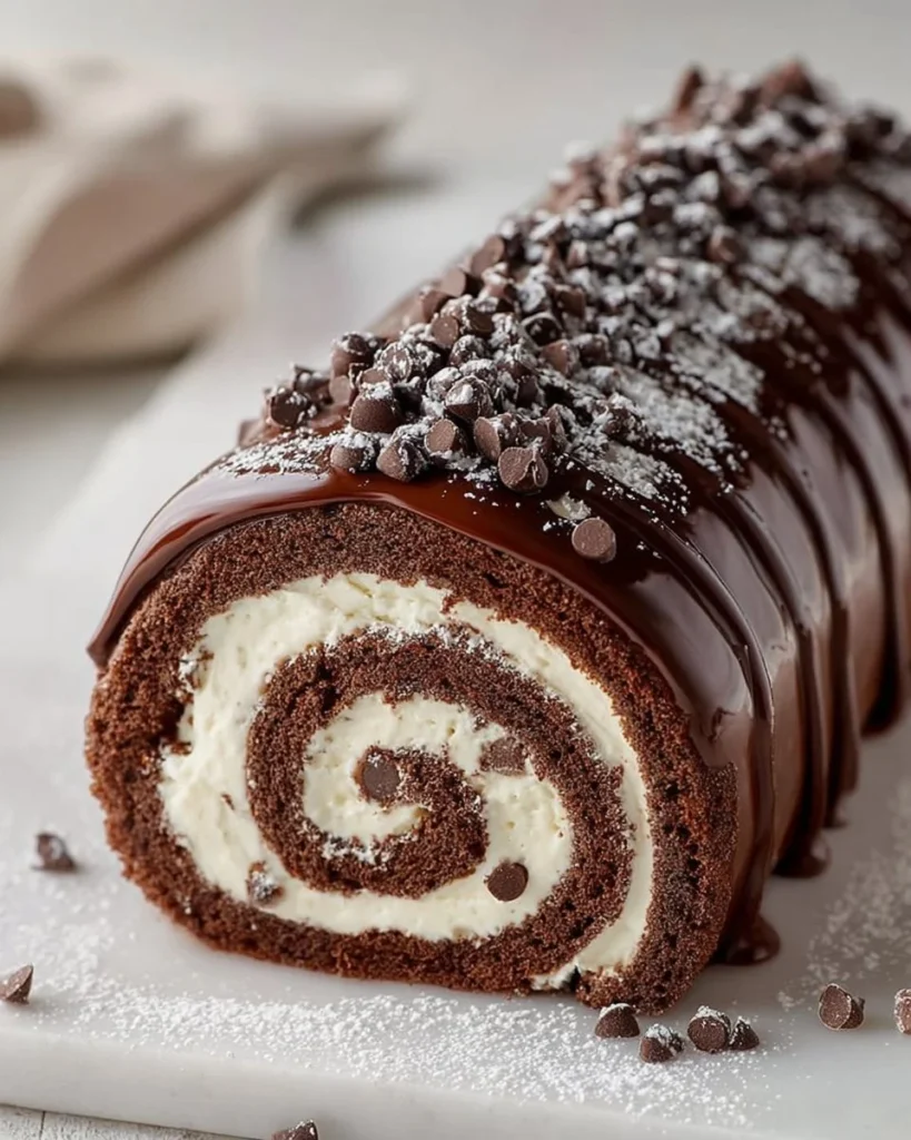Delicious chocolate cake roll dessert with creamy filling on a plate