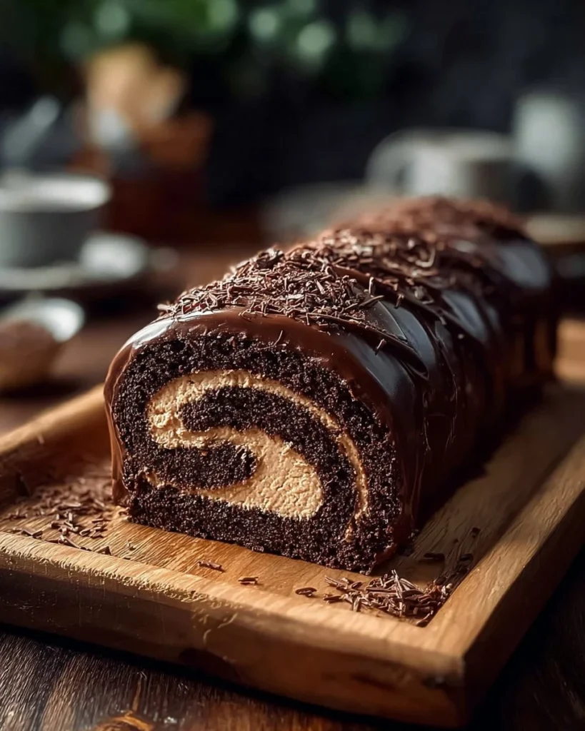 Delicious chocolate cake roll with chocolate frosting on a white plate