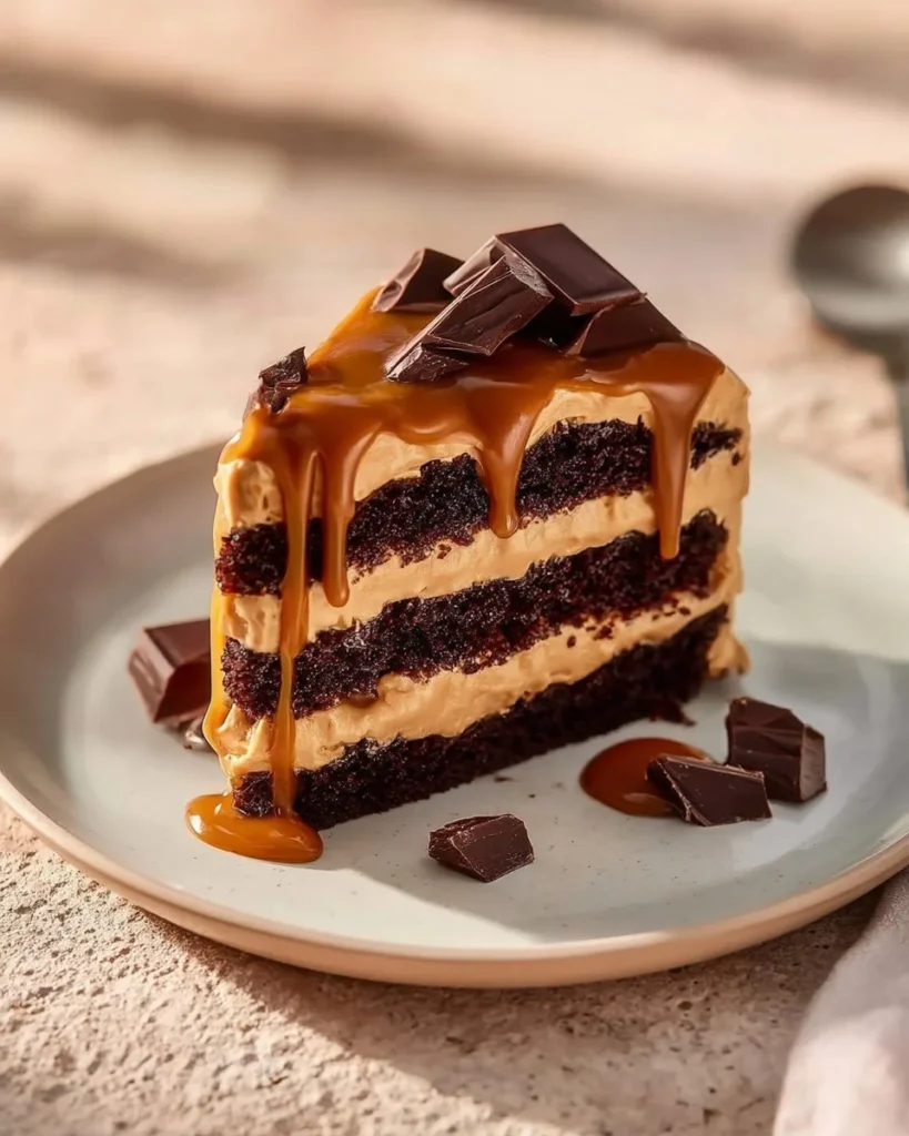 Chocolate cake with caramel frosting on a plate, decorated with chocolate shavings.