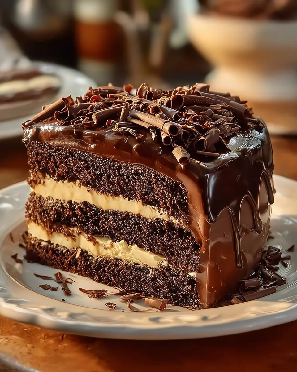Chocolate cake with cheesecake filling and chocolate ganache decoration.