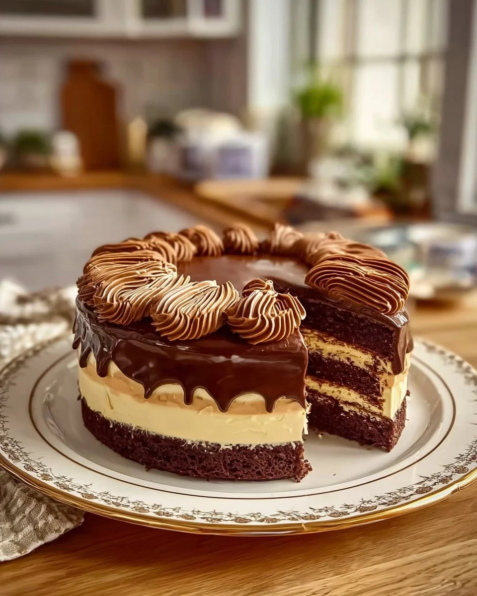 Delicious chocolate cake with cream cheese filling showcased on a decorative plate