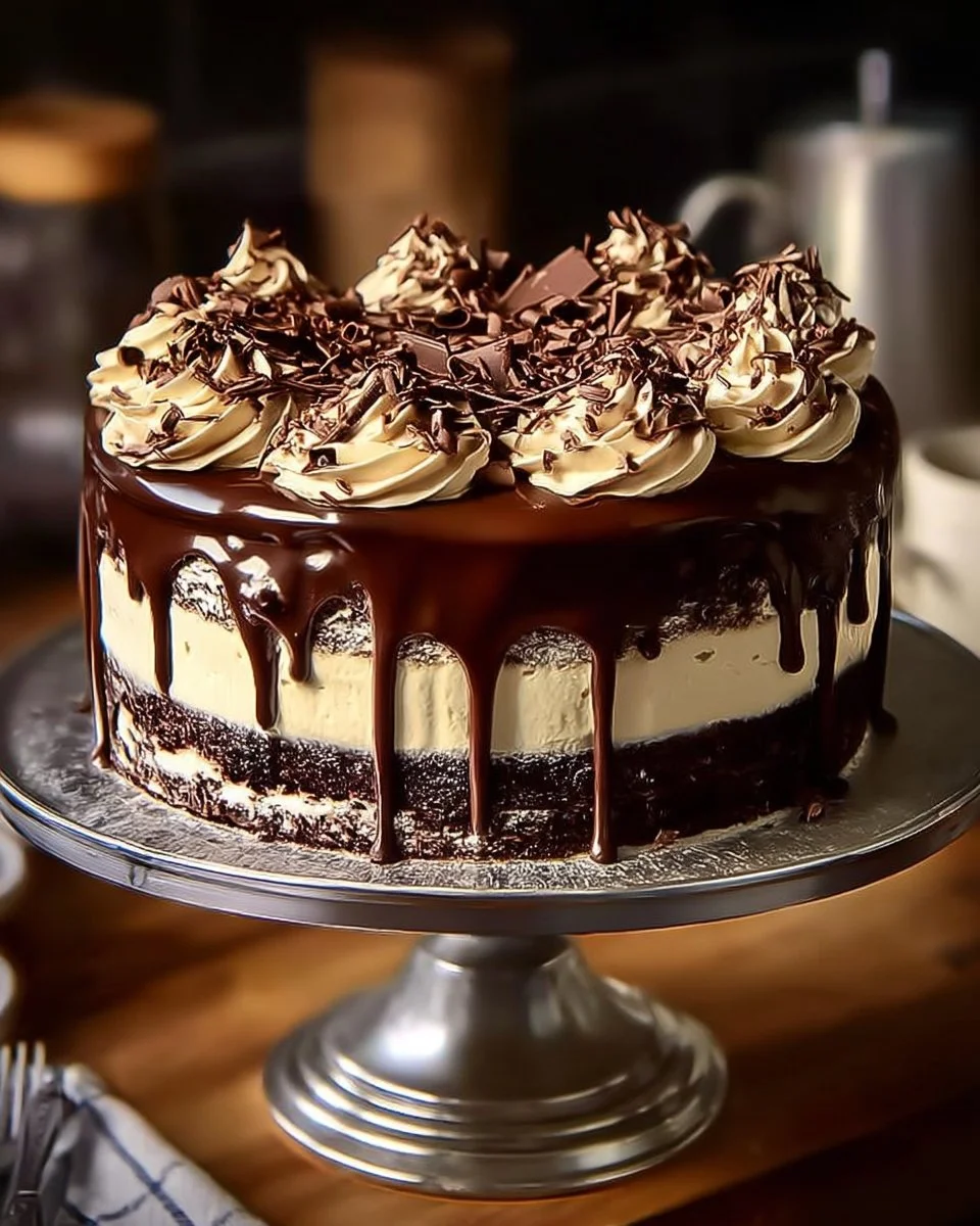 Delicious chocolate cake with cream cheese filling on a rustic wooden table.