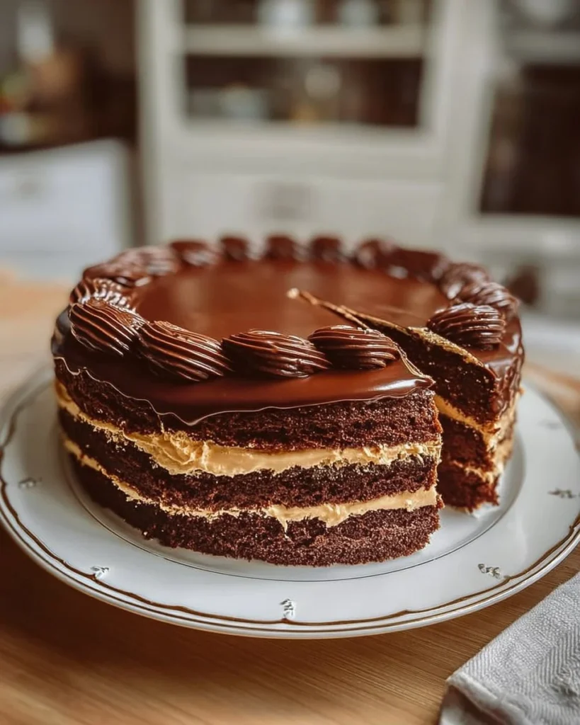 Chocolate cake with cream cheese filling, decorated and ready to serve.