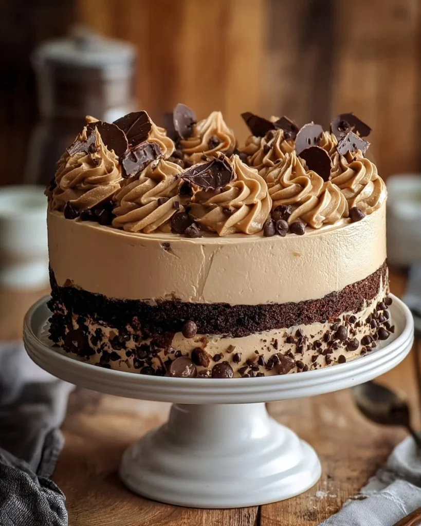 Chocolate cake layered with edible cookie dough filling, topped with frosting