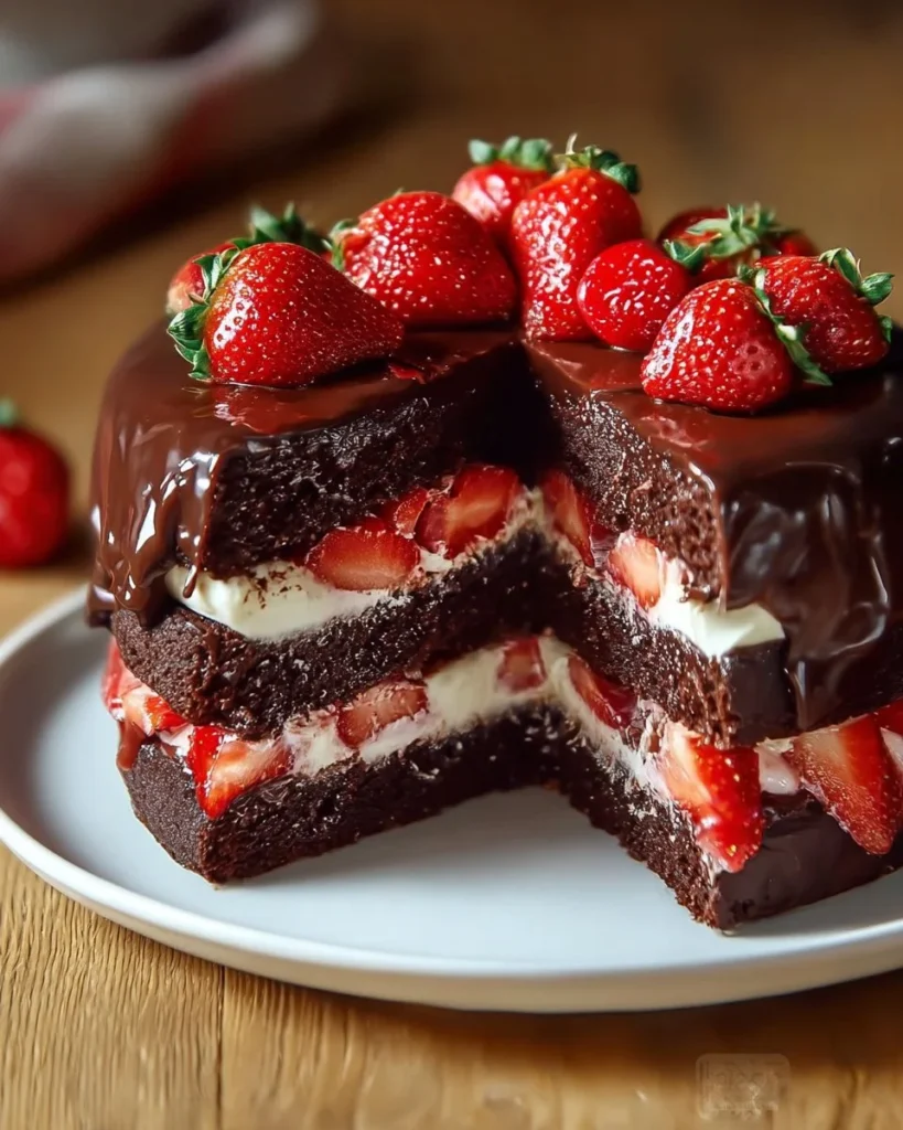 Chocolate cake with fresh strawberry filling on a decorative plate