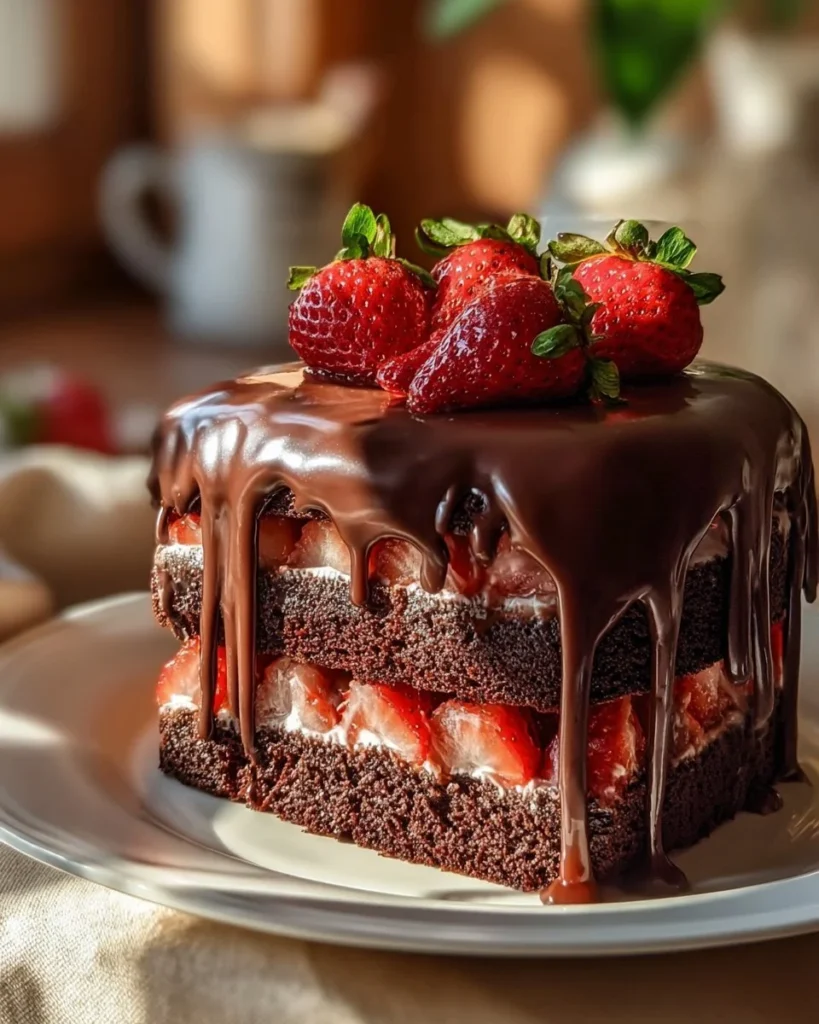 Chocolate cake layered with fresh strawberry filling, perfect for dessert lovers.