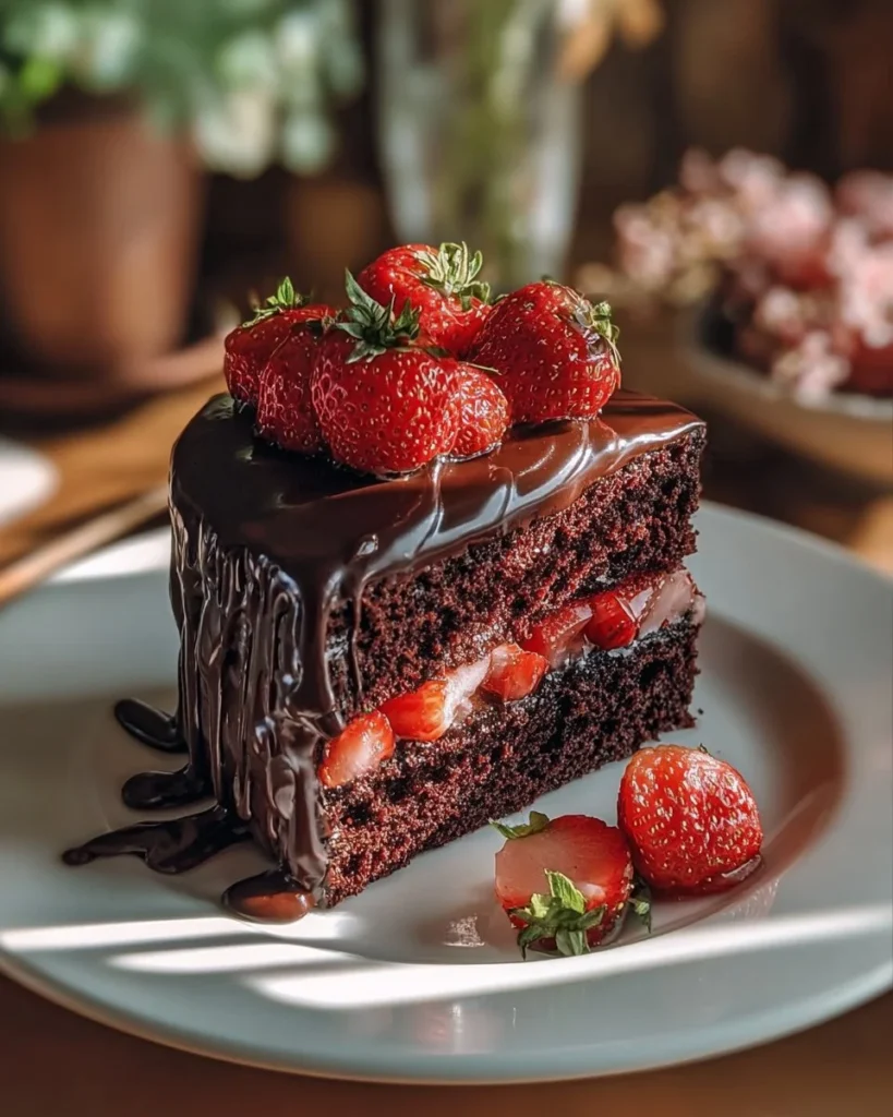 Delicious chocolate cake with fresh strawberry filling and decoration