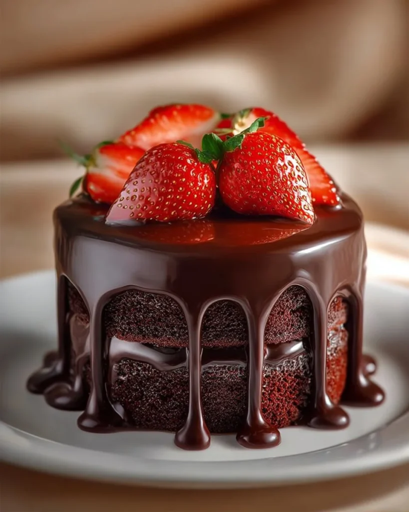 Chocolate cake layered with fresh strawberry filling and topped with cream