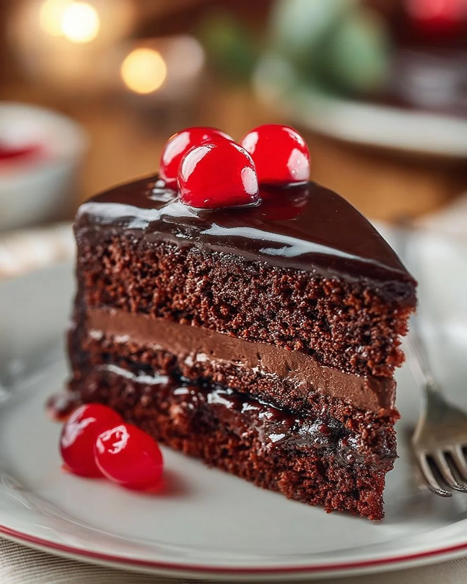 Chocolate cake with maraschino cherry filling and decorative toppings.