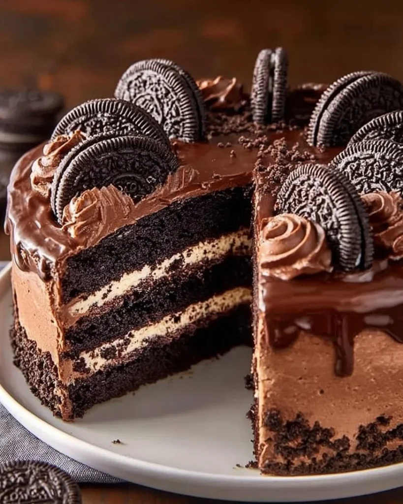 Chocolate cake layered with Oreo cream cheese filling