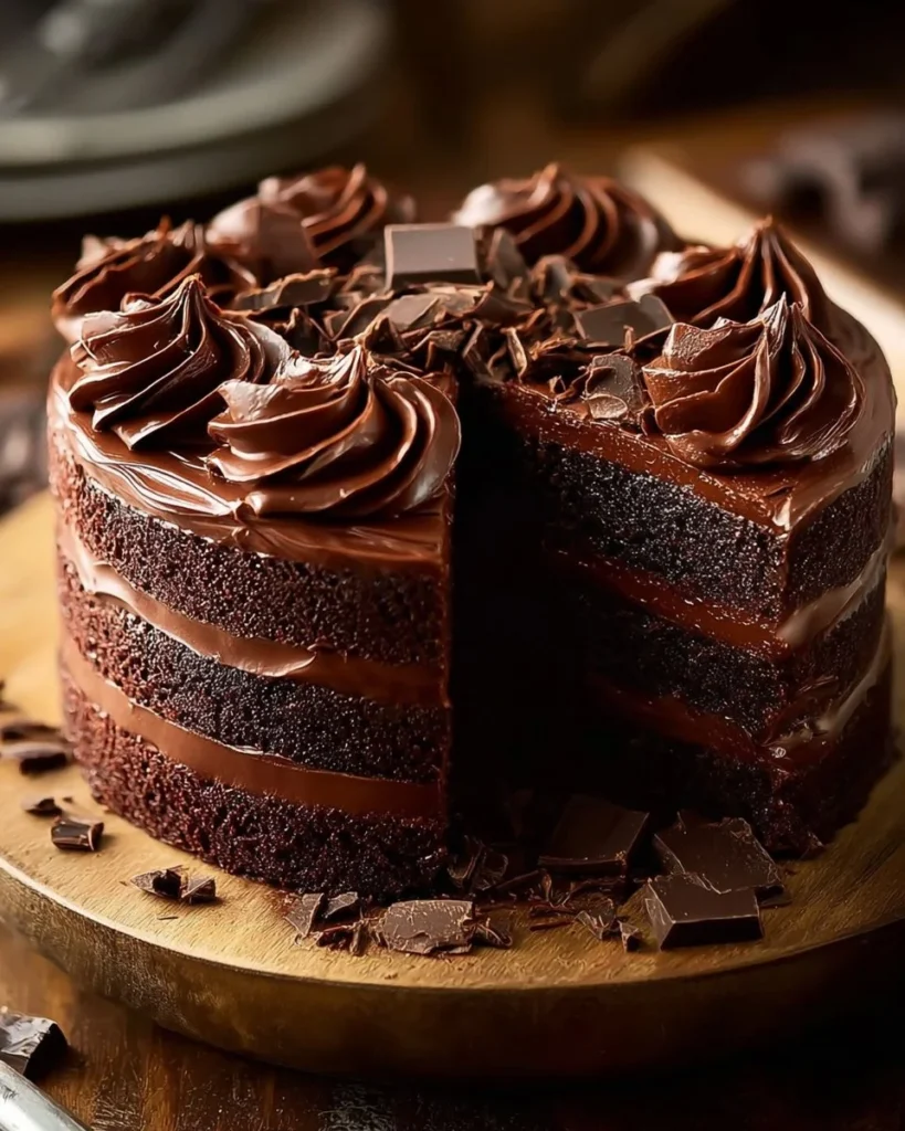 Delicious chocolate cake with silky mousse layers for dessert