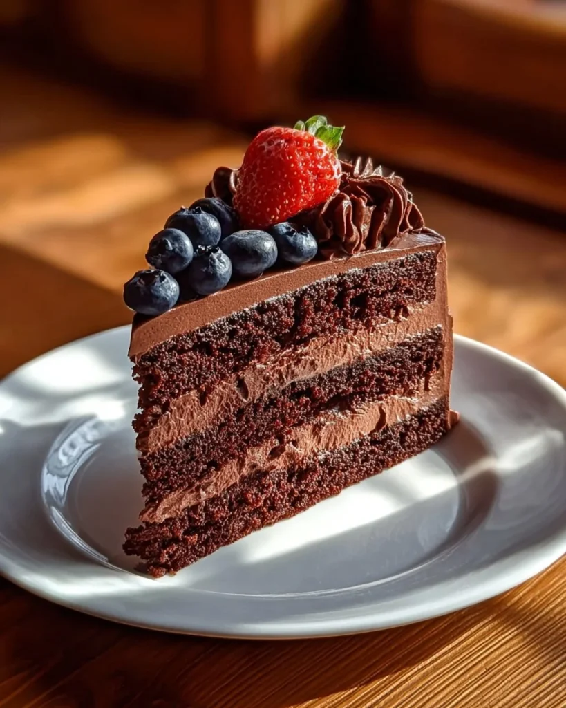Decadent chocolate cake topped with silky mousse for the ultimate dessert experience
