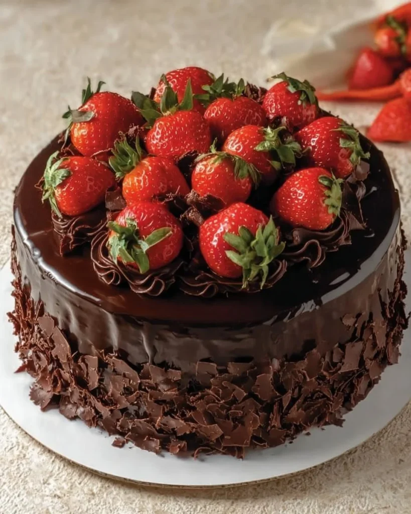 Decadent chocolate cake topped with fresh strawberries and chocolate drizzle