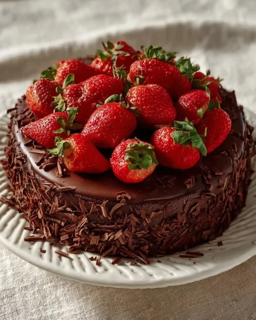 Delicious chocolate cake topped with fresh strawberries