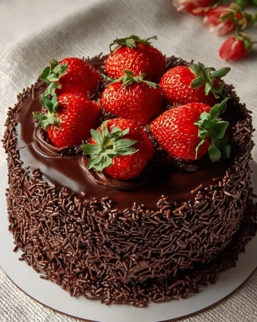 Chocolate cake topped with fresh strawberries for a delicious dessert