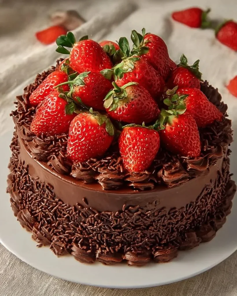 Chocolate cake topped with fresh strawberries and cream