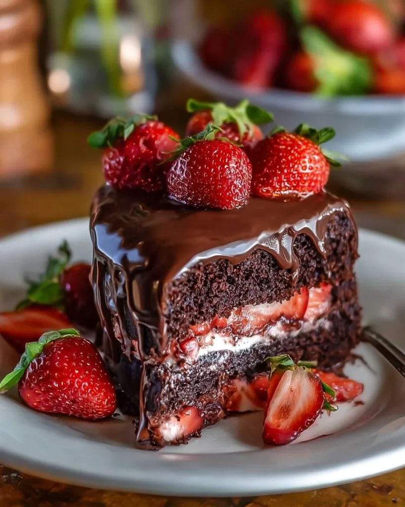Delicious chocolate cake layered with fresh strawberry filling