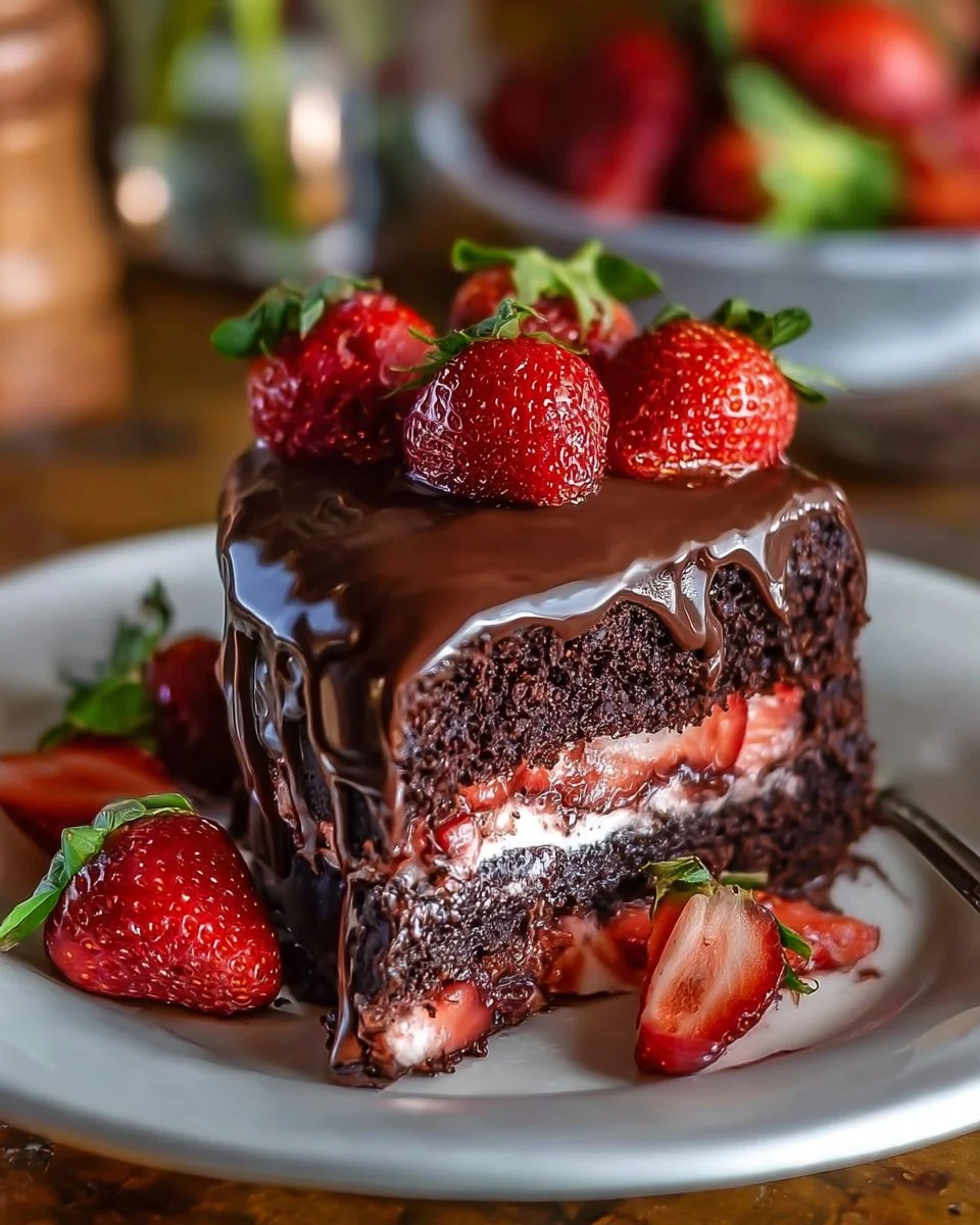 Delicious chocolate cake layered with fresh strawberry filling