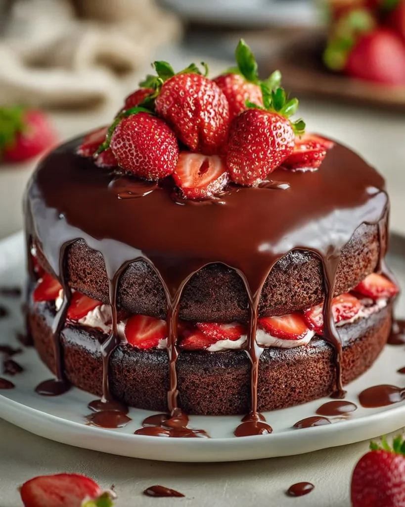 Chocolate cake layered with strawberry filling, decorated for a festive occasion.