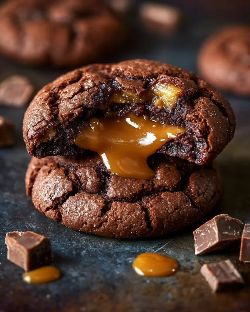 Freshly baked chocolate caramel cookies with gooey caramel center