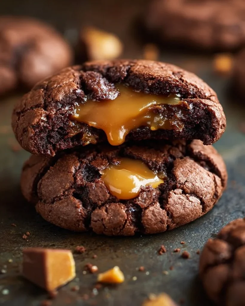 Delicious chocolate caramel cookies on a wooden plate