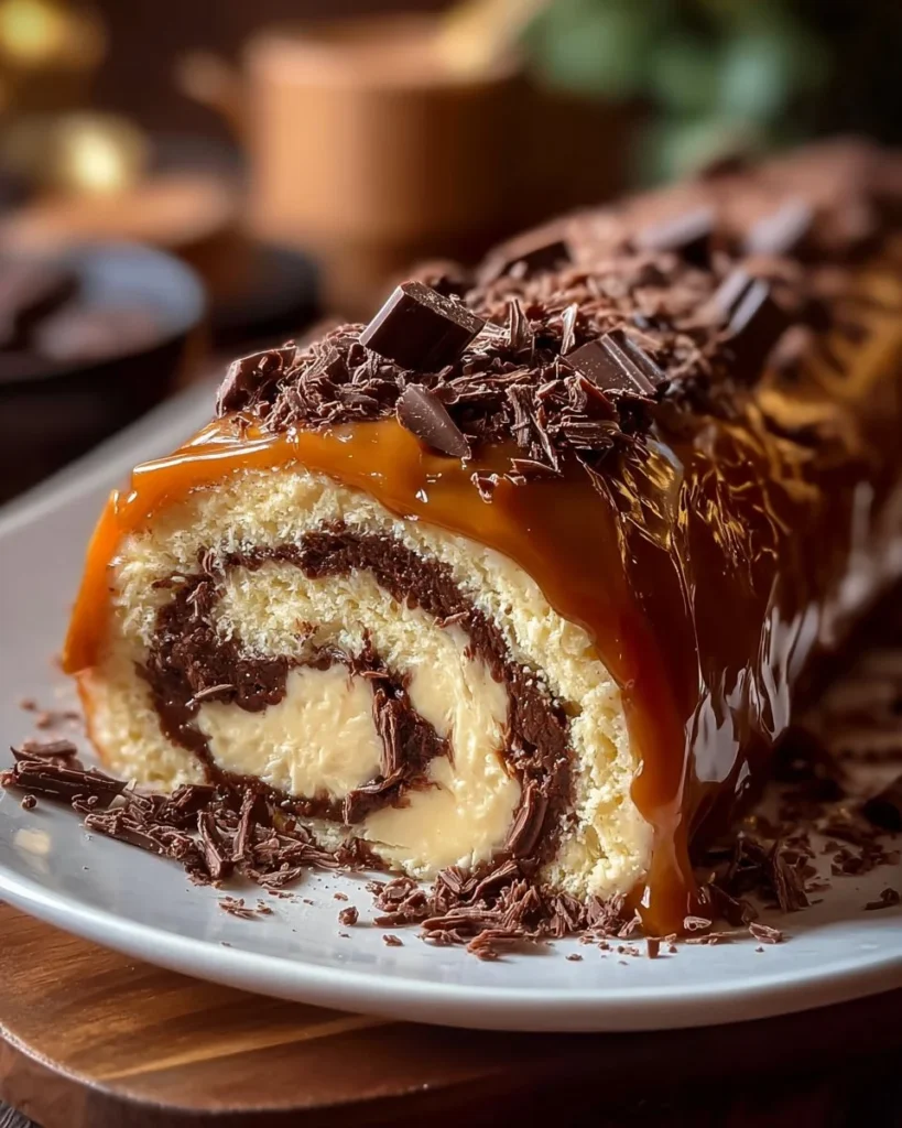 Chocolate Caramel Cream Roll dessert with chocolate and caramel layers