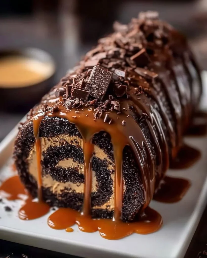 Luxurious chocolate caramel cream roll dessert on a plate