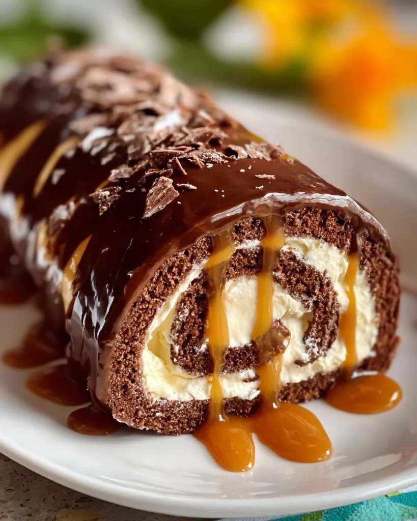 Delicious chocolate caramel cream roll dessert with rich chocolate frosting.