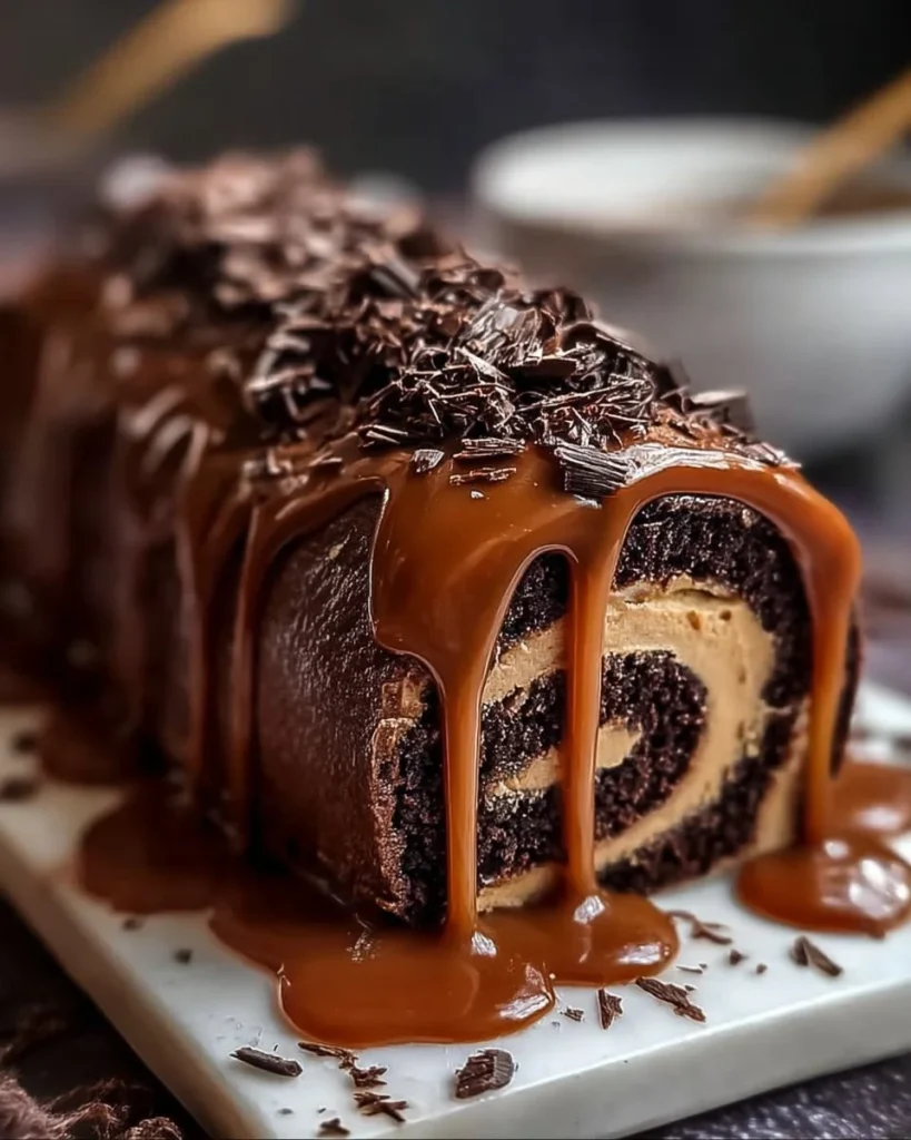 A rich chocolate caramel cream roll topped with drizzled chocolate and caramel.