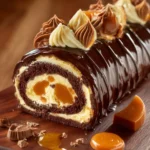 Delicious Chocolate Caramel Swiss Roll dessert with rich chocolate and caramel layers