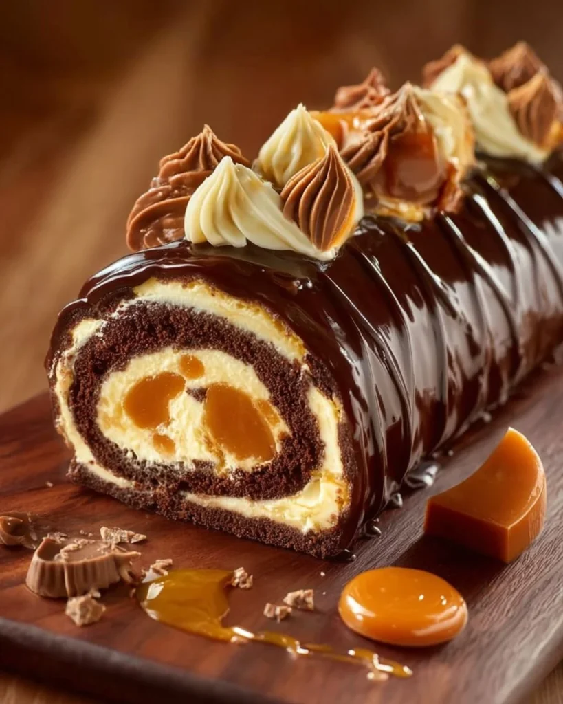 Delicious Chocolate Caramel Swiss Roll dessert with rich chocolate and caramel layers
