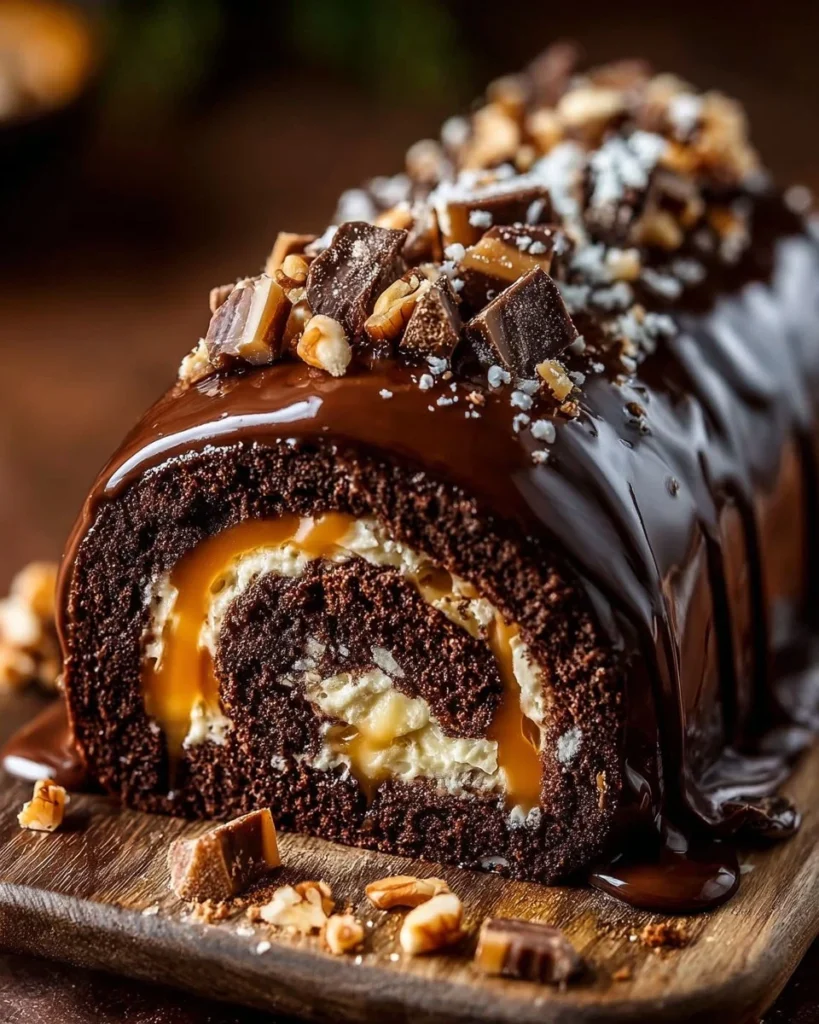 Delicious Chocolate Caramel Turtle Cake Roll with chocolate and caramel drizzles