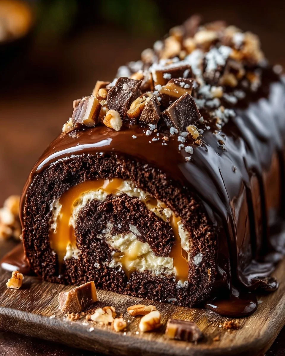 Delicious Chocolate Caramel Turtle Cake Roll with chocolate and caramel drizzles
