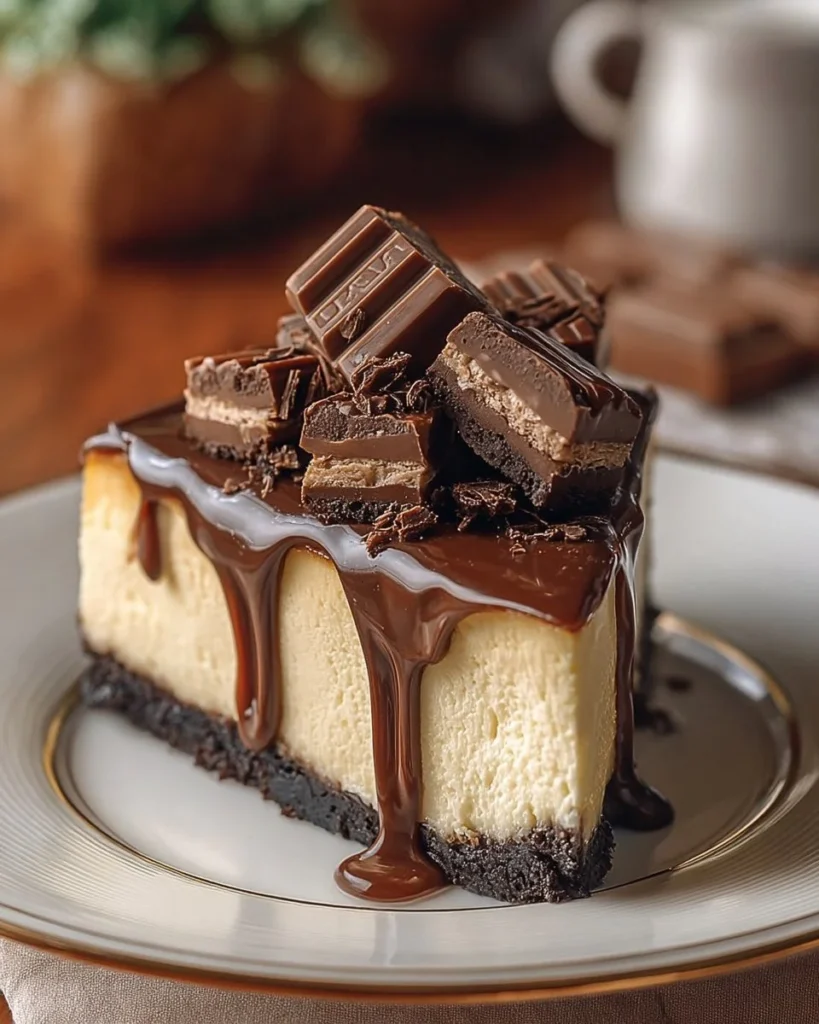 Delicious Chocolate Caramel Twix Cheesecake with chocolate and caramel toppings