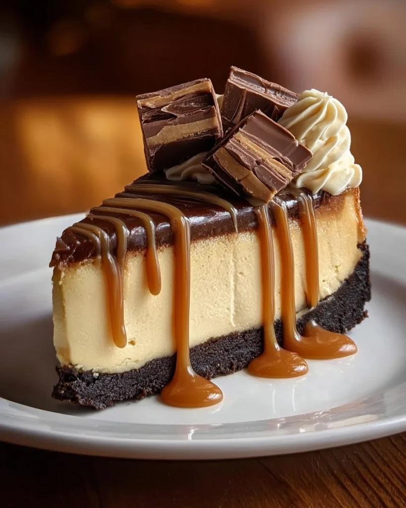 Chocolate Caramel Twix Cheesecake topped with Twix pieces and chocolate drizzle