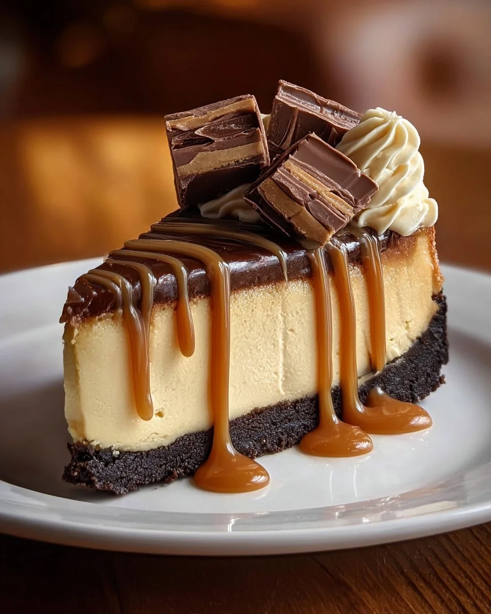 Chocolate Caramel Twix Cheesecake topped with Twix pieces and chocolate drizzle