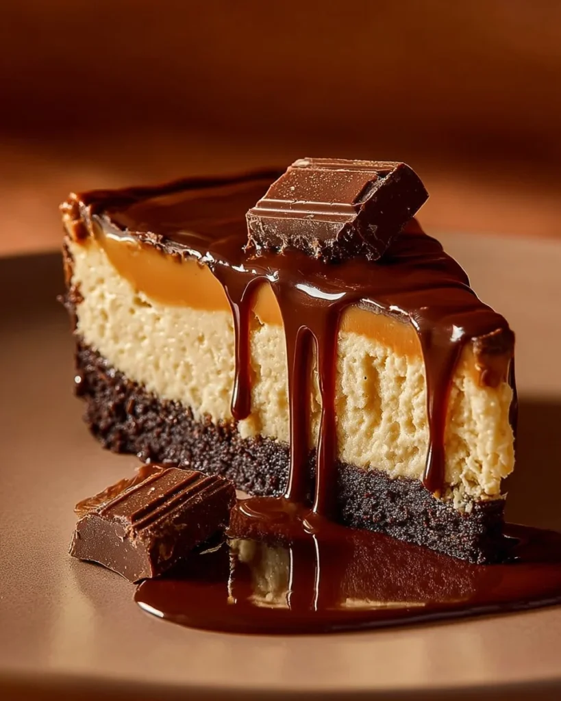 Delicious Chocolate Caramel Twix Cheesecake with layers and Twix bar toppings