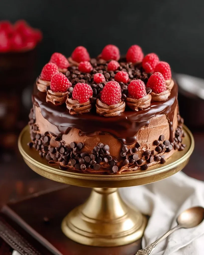 Delicious Chocolate Chambord Cake with chocolate ganache and raspberry drizzle