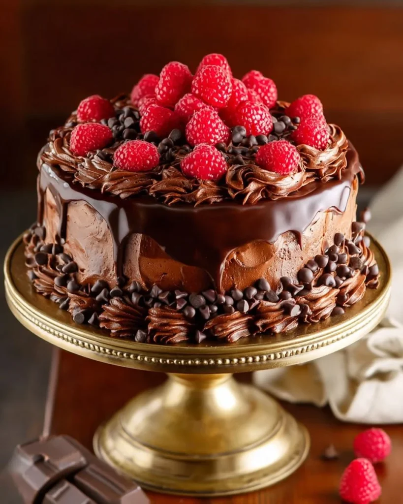 A delicious slice of Chocolate Chambord Cake topped with chocolate ganache and berries