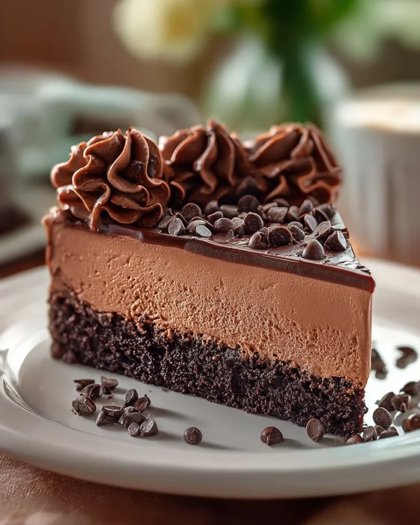Delicious slice of chocolate cheesecake topped with chocolate shavings