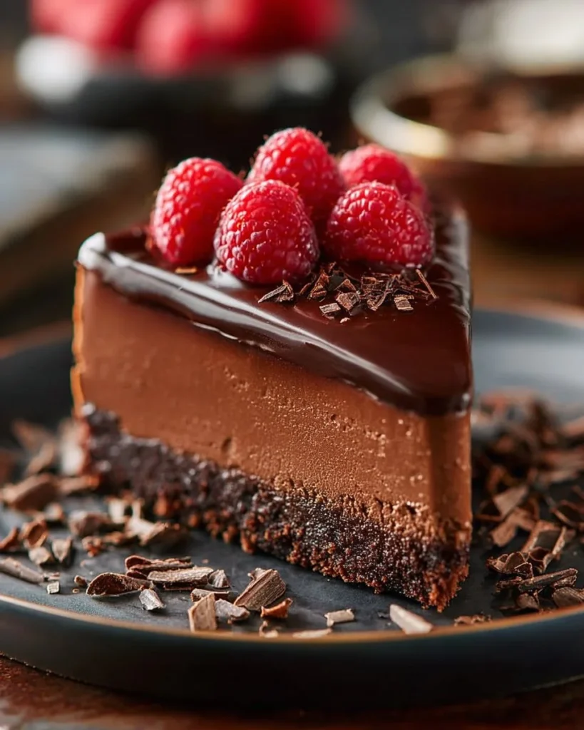 Delicious chocolate cheesecake topped with chocolate shavings on a plate