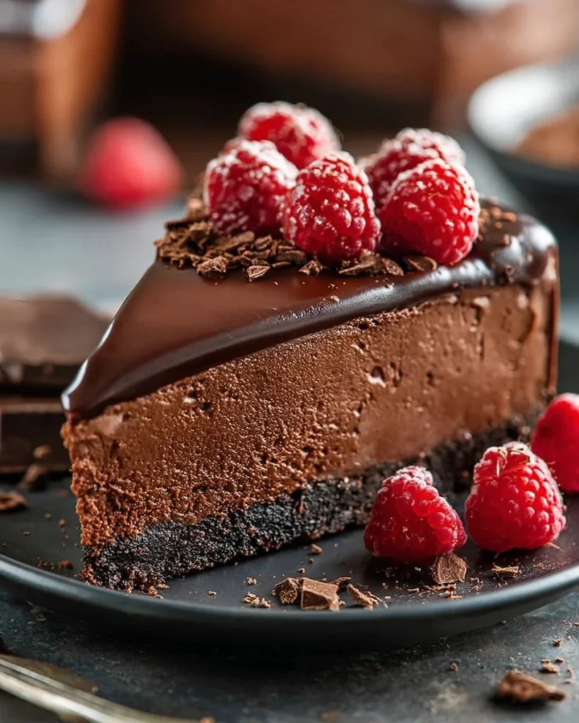 Delicious chocolate cheesecake topped with chocolate shavings.