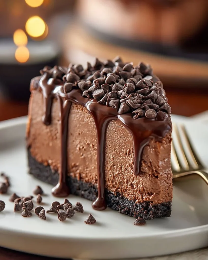 Delicious homemade chocolate cheesecake topped with chocolate shavings