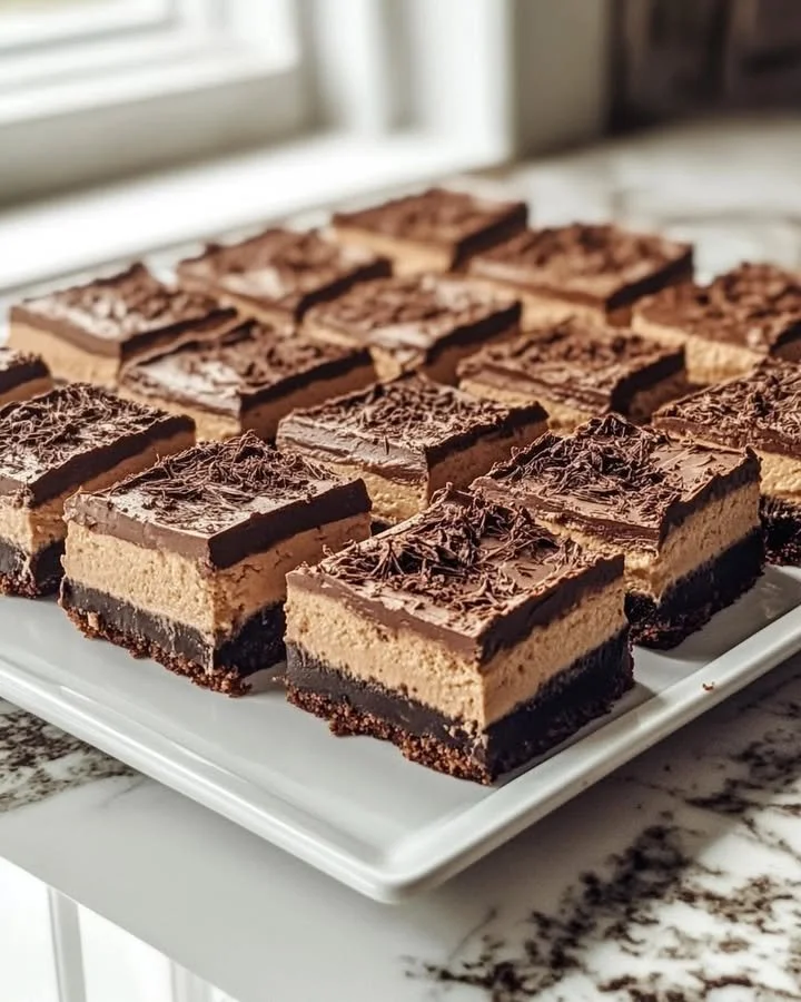 Delicious homemade chocolate cheesecake bars topped with chocolate drizzle.