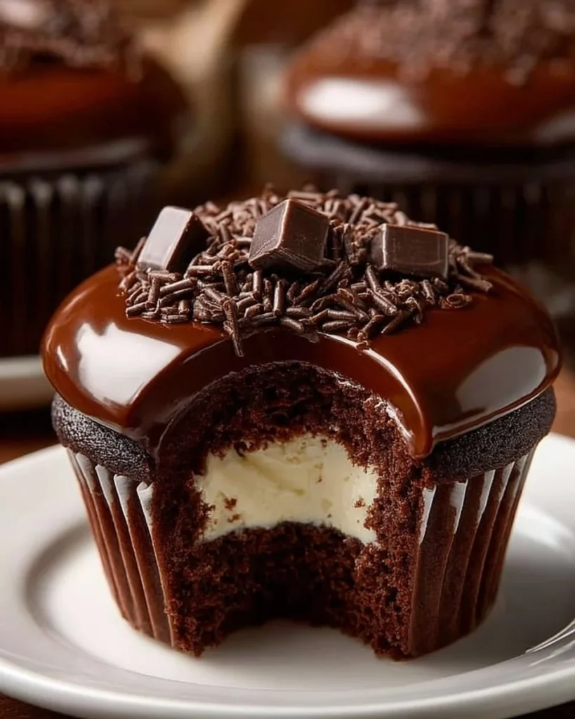 Delicious chocolate cheesecake cupcakes topped with chocolate frosting.