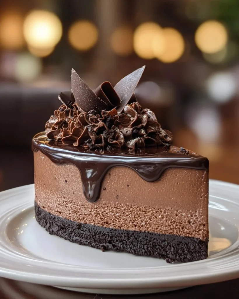 Decadent chocolate cheesecake topped with chocolate shavings on a white plate