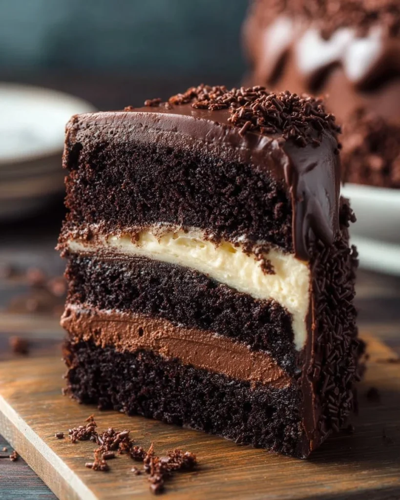 Layered Chocolate Cheesecake Cake with rich chocolate frosting