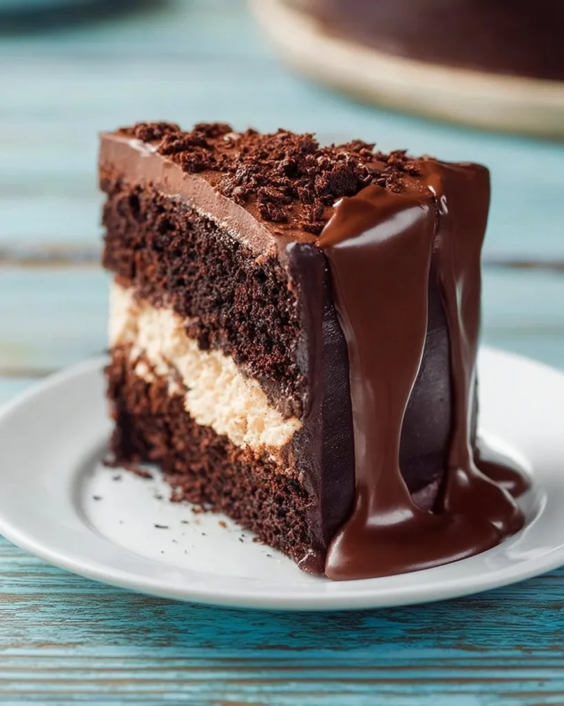 Delicious chocolate cheesecake layer cake with rich chocolate ganache topping.